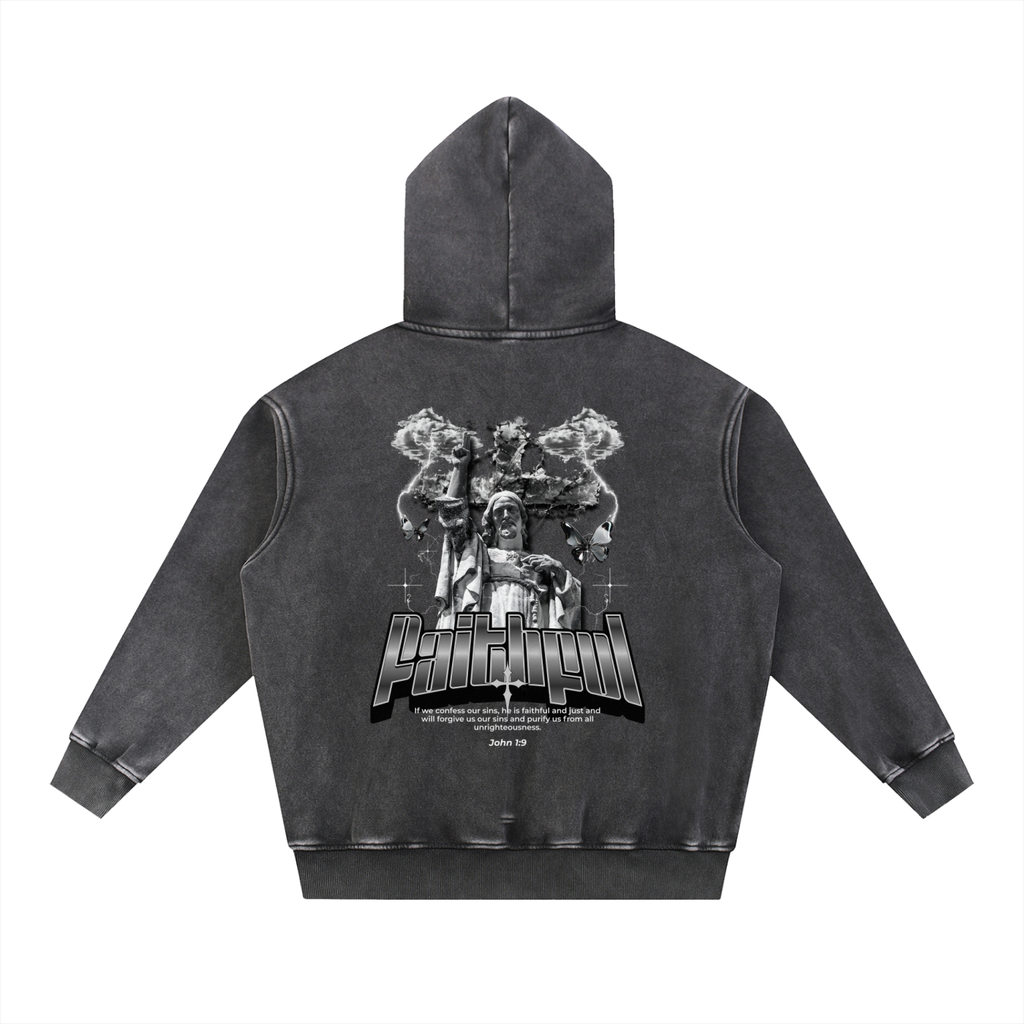 "FAITHFUL" Snow Wash Fleece Cotton Hoodie