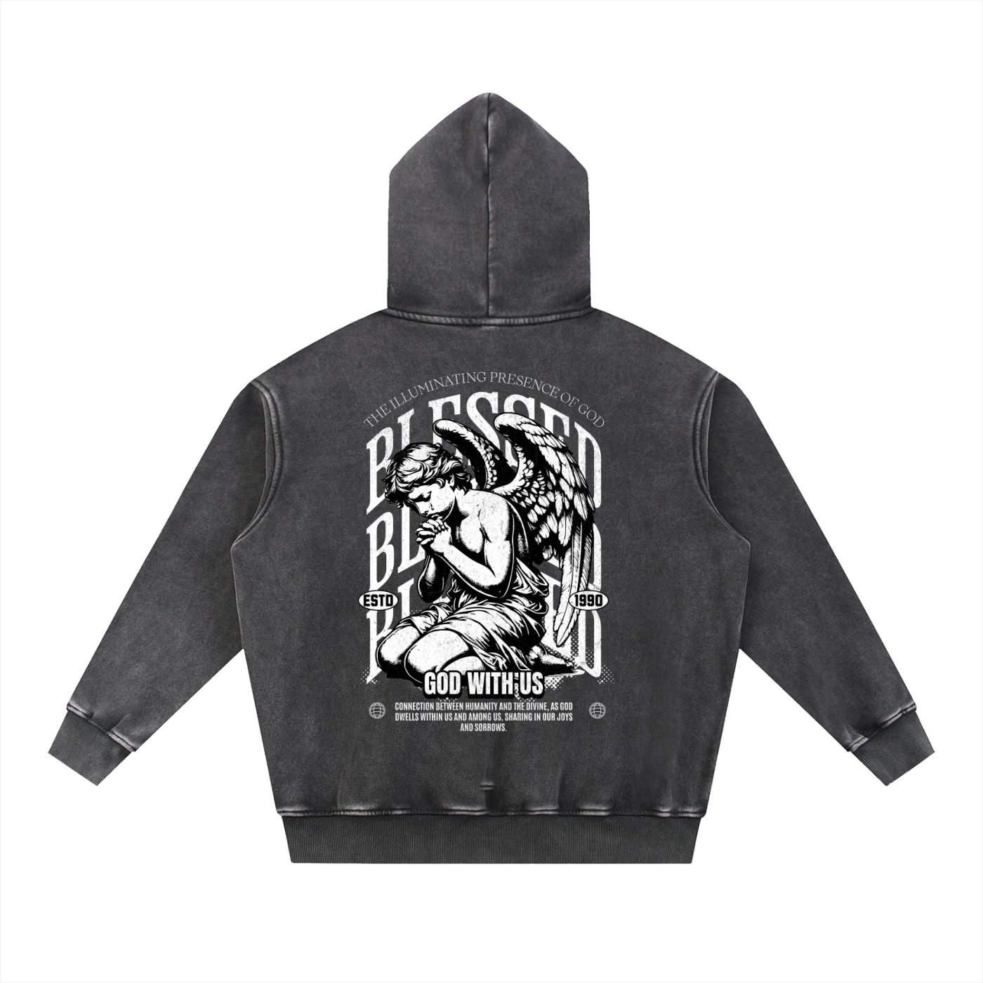 "GOD WITH US" Snow Wash Fleece Cotton Hoodie