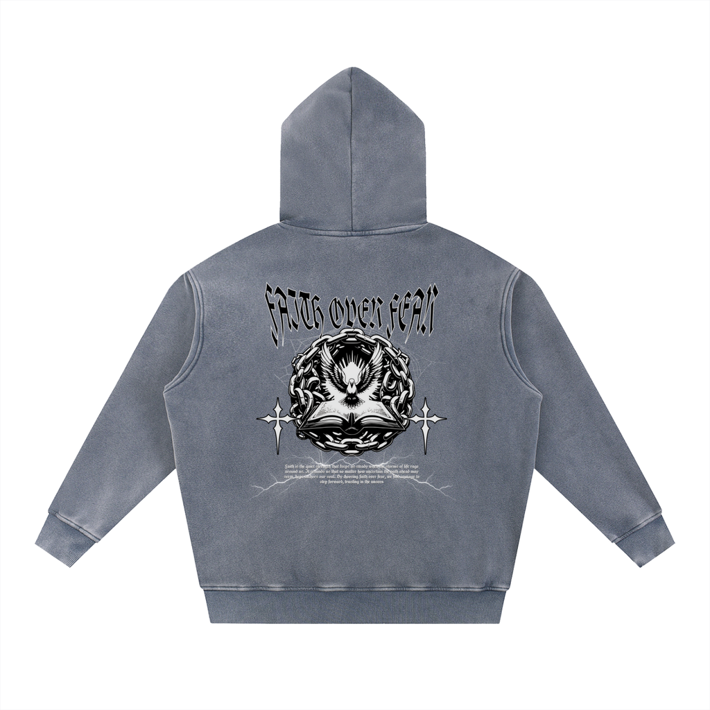 "FAITH OVER FEAR" Snow Wash Fleece Cotton Hoodie